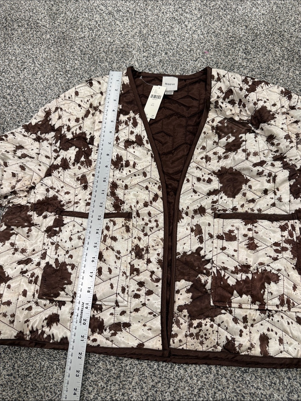 New! Maeve Anthropologie Open Front Cow Print Cream and Brown Quilted Jacket OS - Picture 12 of 14